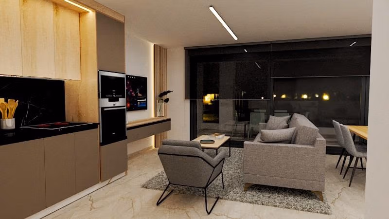 Modern open-plan living area with sleek kitchen and plush seating in spacious 3-bedroom apartment near Torre de la Horadada beach