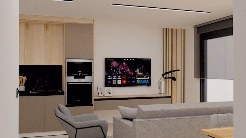 Modern spacious living room in a new build 3-bedroom apartment in Torre de la Horadada with sleek cabinetry and large window light