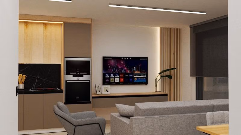 Modern bright living room in spacious 3-bedroom apartment with sleek kitchen in Torre de la Horadada new build.