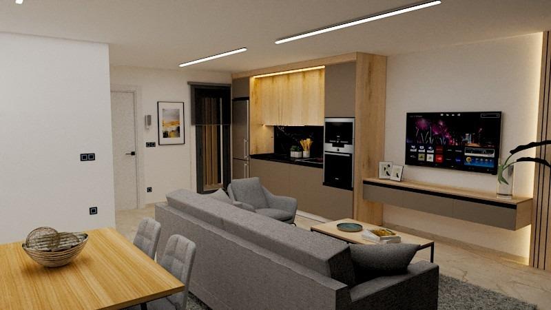 Modern open-plan living area with sleek kitchen and dining space in stylish 3-bedroom apartment in Torre de la Horadada