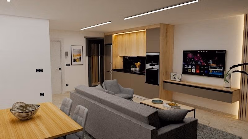 Spacious modern open-plan living and kitchen area with sleek finishes in exclusive Torre de la Horadada 3-bedroom penthouse.
