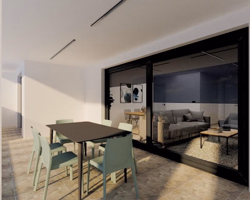 Bright modern terrace with dining area adjoining spacious living room in luxury 3-bedroom apartment, Torre de la Horadada.