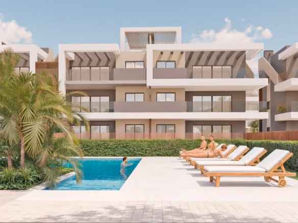 Modern luxury penthouse exterior in Torre de la Horadada with sleek pool, sun-drenched terrace, and lush landscaping near the sea.