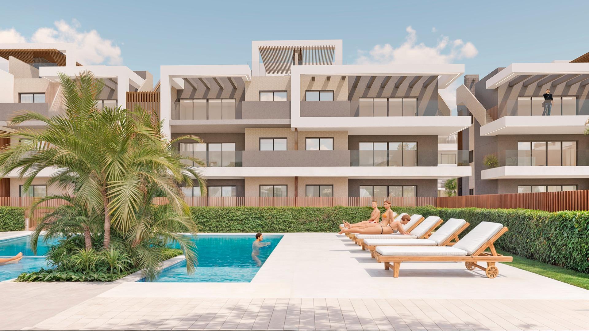 Modern luxury penthouse exterior in Torre de la Horadada with sleek pool, sun-drenched terrace, and lush landscaping near the sea.