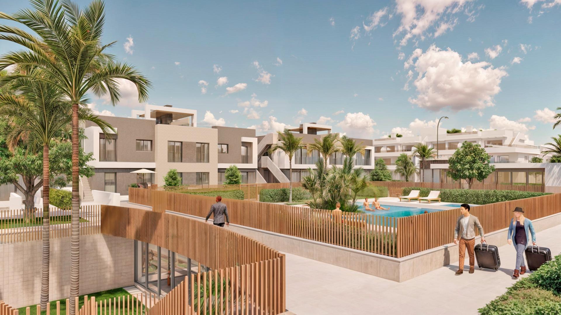 Modern luxury 3-bedroom apartment complex in Torre de la Horadada featuring a spacious sunlit communal pool and landscaped terraces.