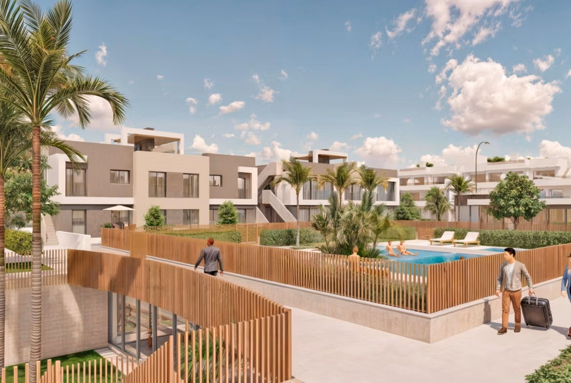 Modern luxury penthouse complex in Torre de la Horadada featuring a landscaped pool area and bright open communal spaces.