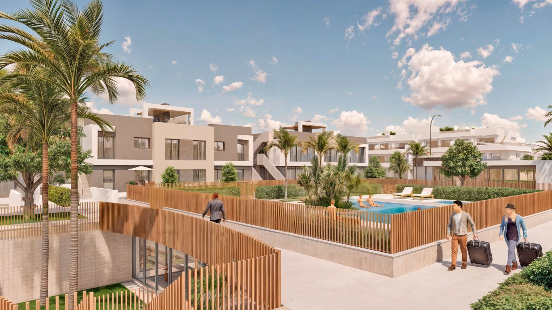 Modern luxury penthouse complex in Torre de la Horadada featuring a landscaped pool area and bright open communal spaces.