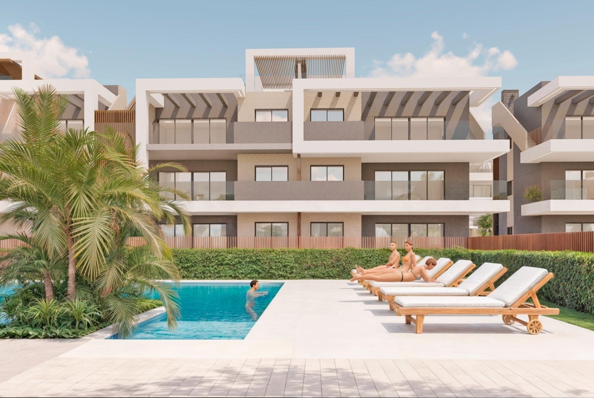 Modern sunlit terrace with private pool and lush greenery at exclusive 3-bedroom penthouse in Torre de la Horadada Phase 2