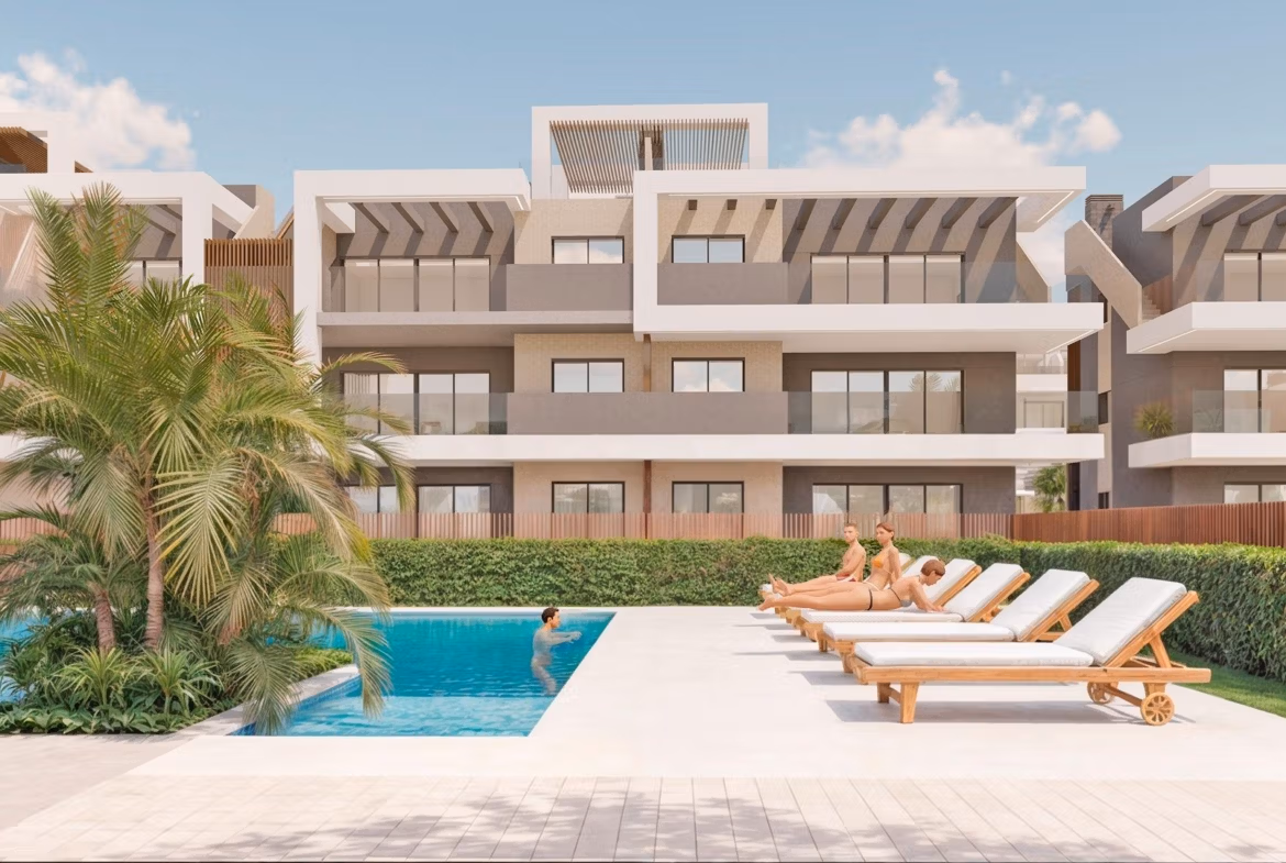 Modern sunlit terrace with private pool and lush greenery at exclusive 3-bedroom penthouse in Torre de la Horadada Phase 2