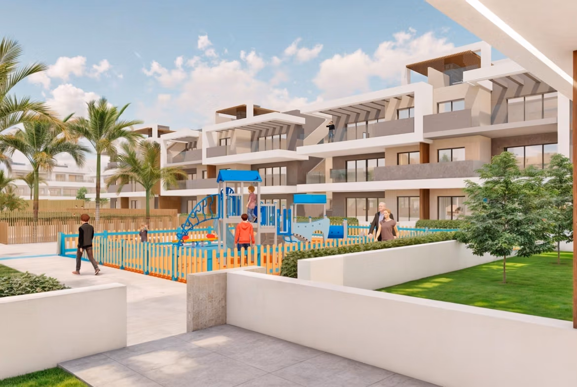 Modern luxury 3-bedroom penthouse exterior with landscaped gardens and vibrant playground in Torre de la Horadada Phase 2.