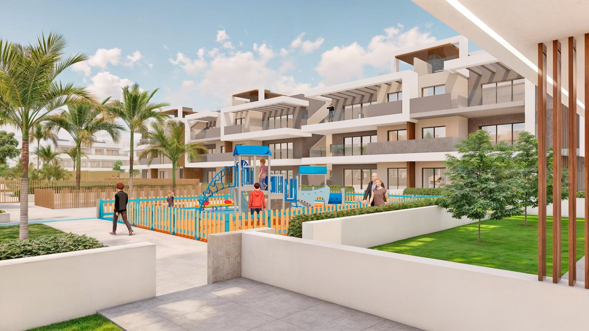 Modern elegant new build penthouse complex in Torre de la Horadada with landscaped gardens and vibrant children’s play area.