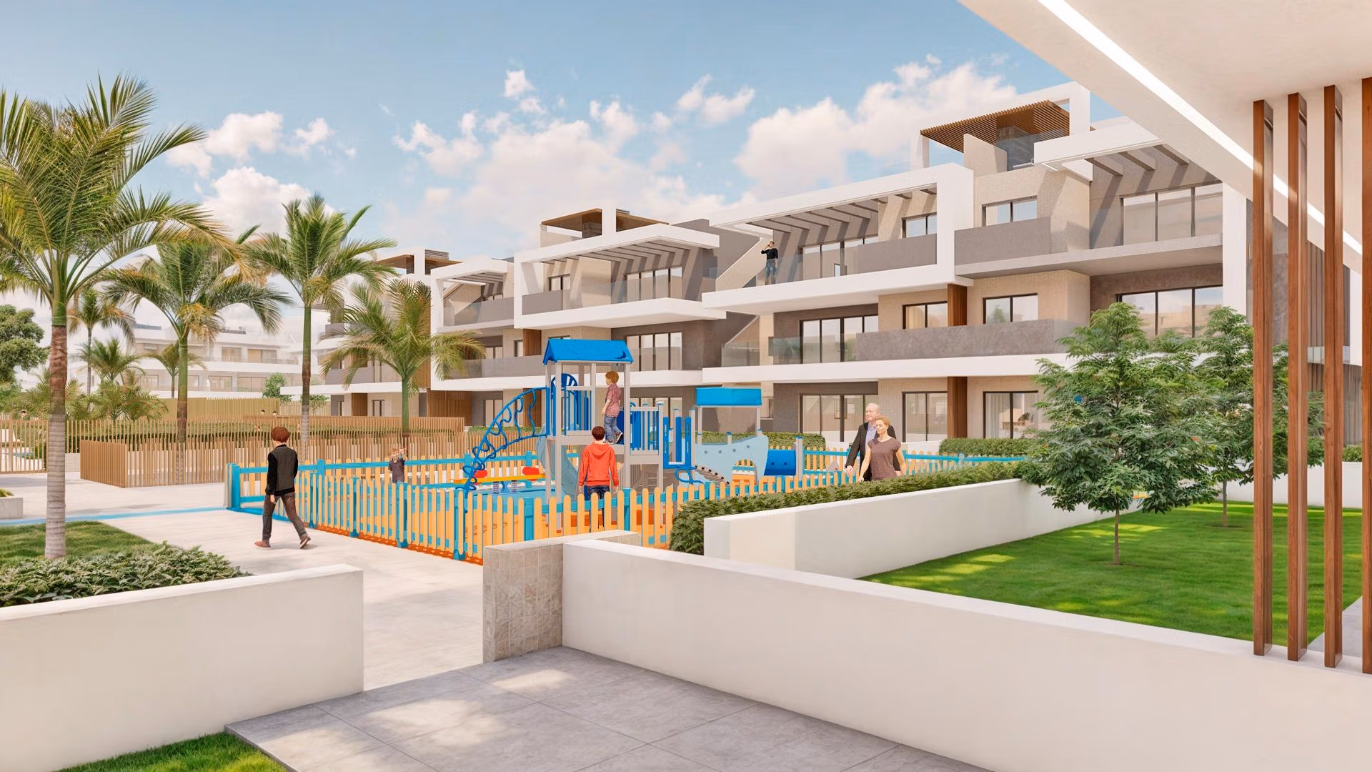 Modern luxury 3-bedroom penthouse exterior with landscaped gardens and vibrant playground in Torre de la Horadada Phase 2.