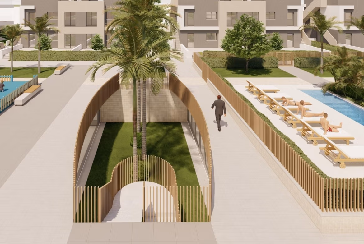Modern landscaped exterior with sun-drenched pool and loungers at luxury 3-bedroom penthouse in Torre de la Horadada Phase 2