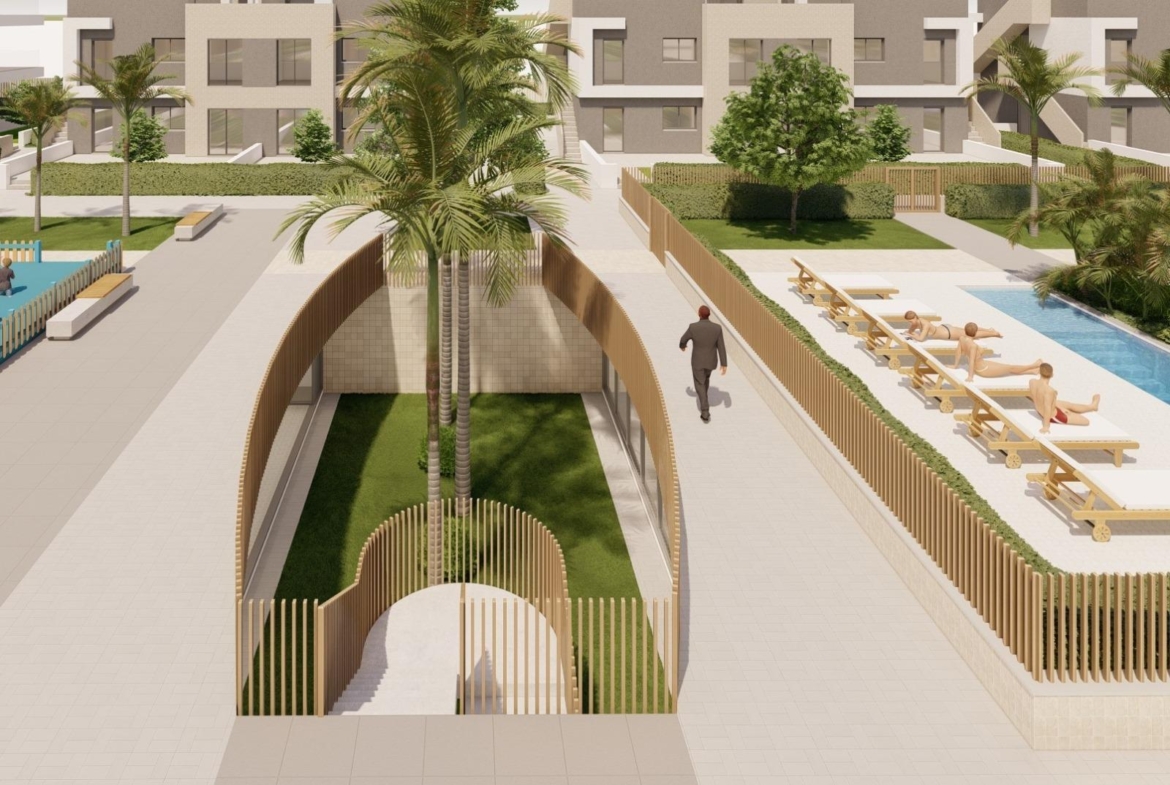 Modern luxury penthouse exterior with landscaped terraces and sunlit pool area in Torre de la Horadada, near the beach.