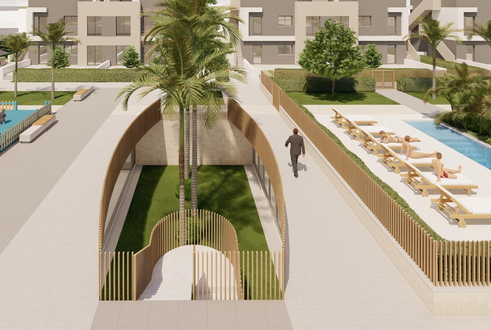 Modern luxury penthouse exterior with landscaped terraces and sunlit pool area in Torre de la Horadada, near the beach.