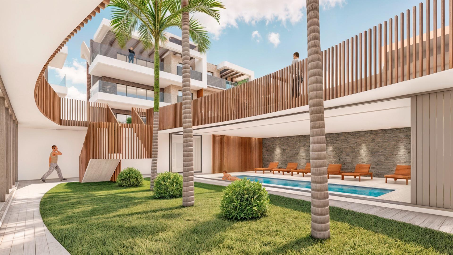 Modern sun-drenched courtyard with pool and palm trees in elegant 2-bedroom penthouse, Torre de la Horadada near the beach