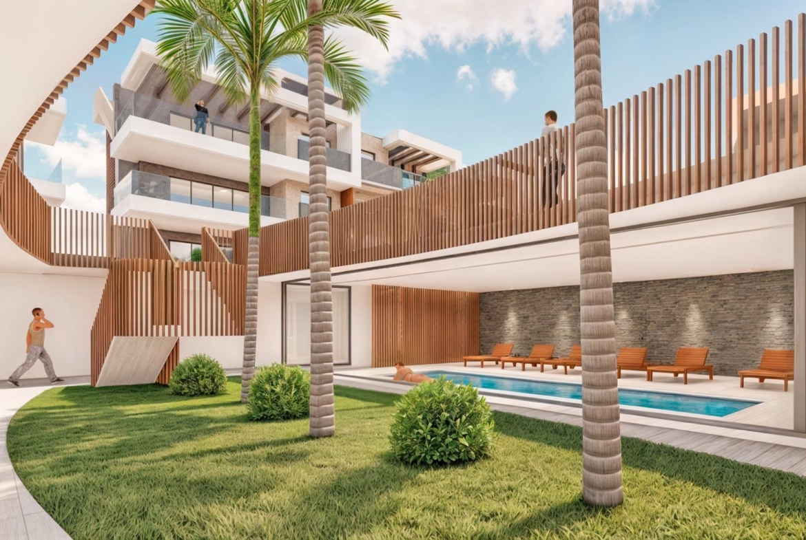 Elegant modern terrace with sun-drenched pool and landscaped garden in stylish new build 3-bedroom apartment, Torre de la Horadada.