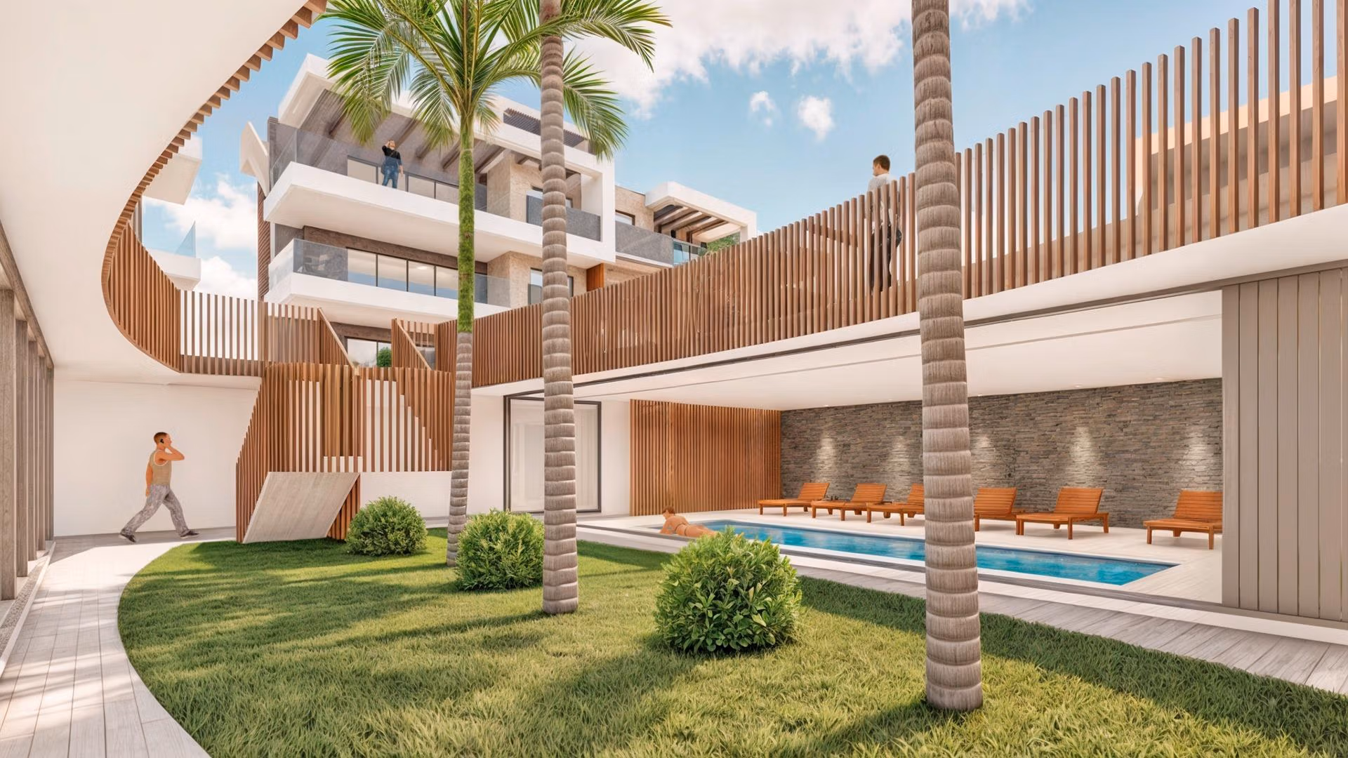 Modern sun-drenched pool terrace with lush landscaping at exclusive 3-bedroom penthouse, Torre de la Horadada Phase 2.