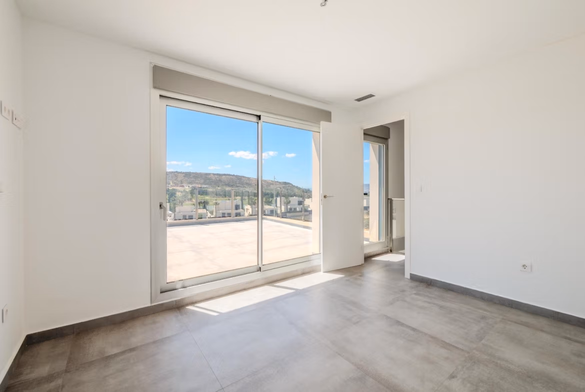 Bright, spacious bedroom with large sliding glass doors and panoramic golf views in luxury 4-bedroom villa, Algorfa, La Finca.
