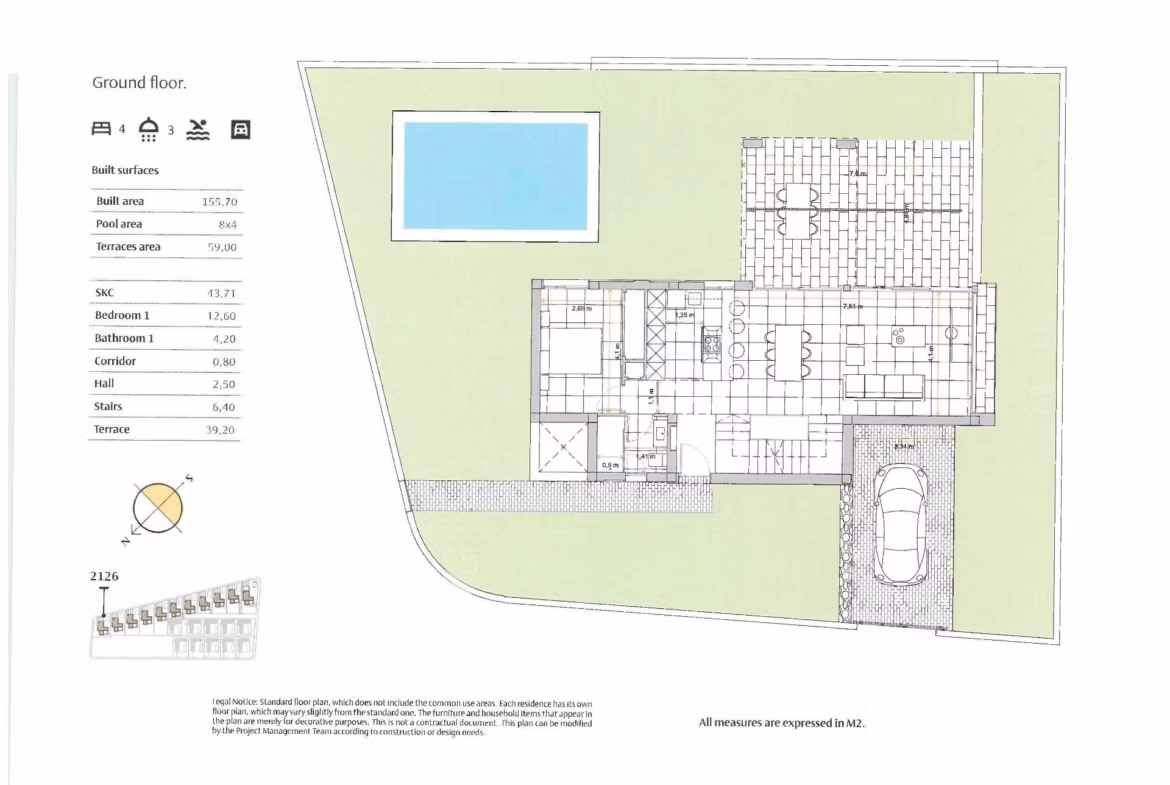Spacious ground floor plan of elegant 4-bedroom villa in Algorfa with open living spaces, modern kitchen, terrace, pool, and garage at La Finca.