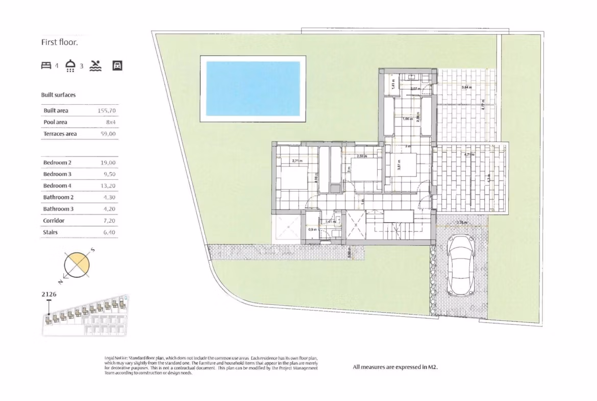 Spacious floor plan of key ready 4-bedroom villa in Algorfa with basement, elegant layout, and private pool area overlooking golf views