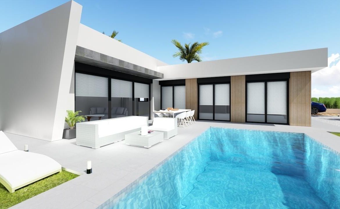 Sleek modern 3-bedroom villa in Calasparra with a private shimmering pool and stylish outdoor seating on a spacious sunlit terrace.