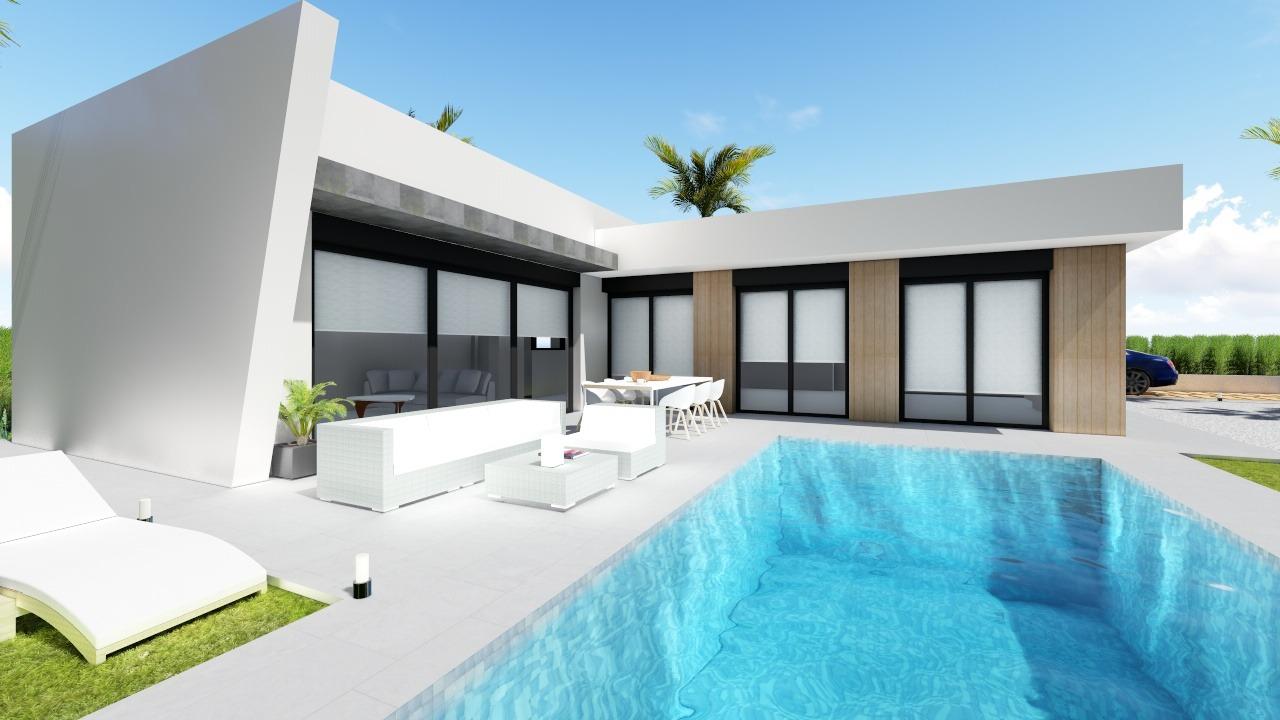 Sleek modern 3-bedroom villa in Calasparra with a private shimmering pool and stylish outdoor seating on a spacious sunlit terrace.