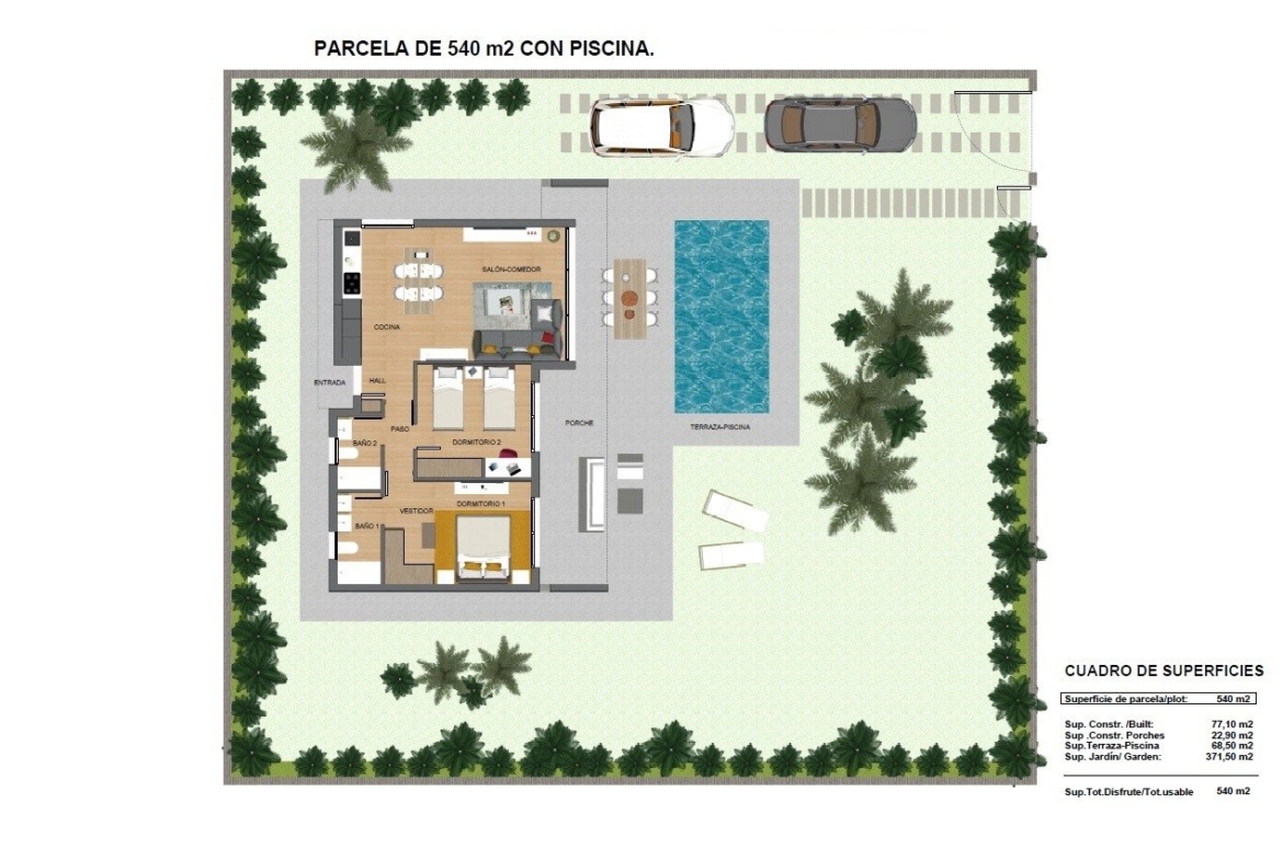 Spacious floor plan of a charming new build 2-bedroom villa with private pool and landscaped garden in Calasparra, Murcia.