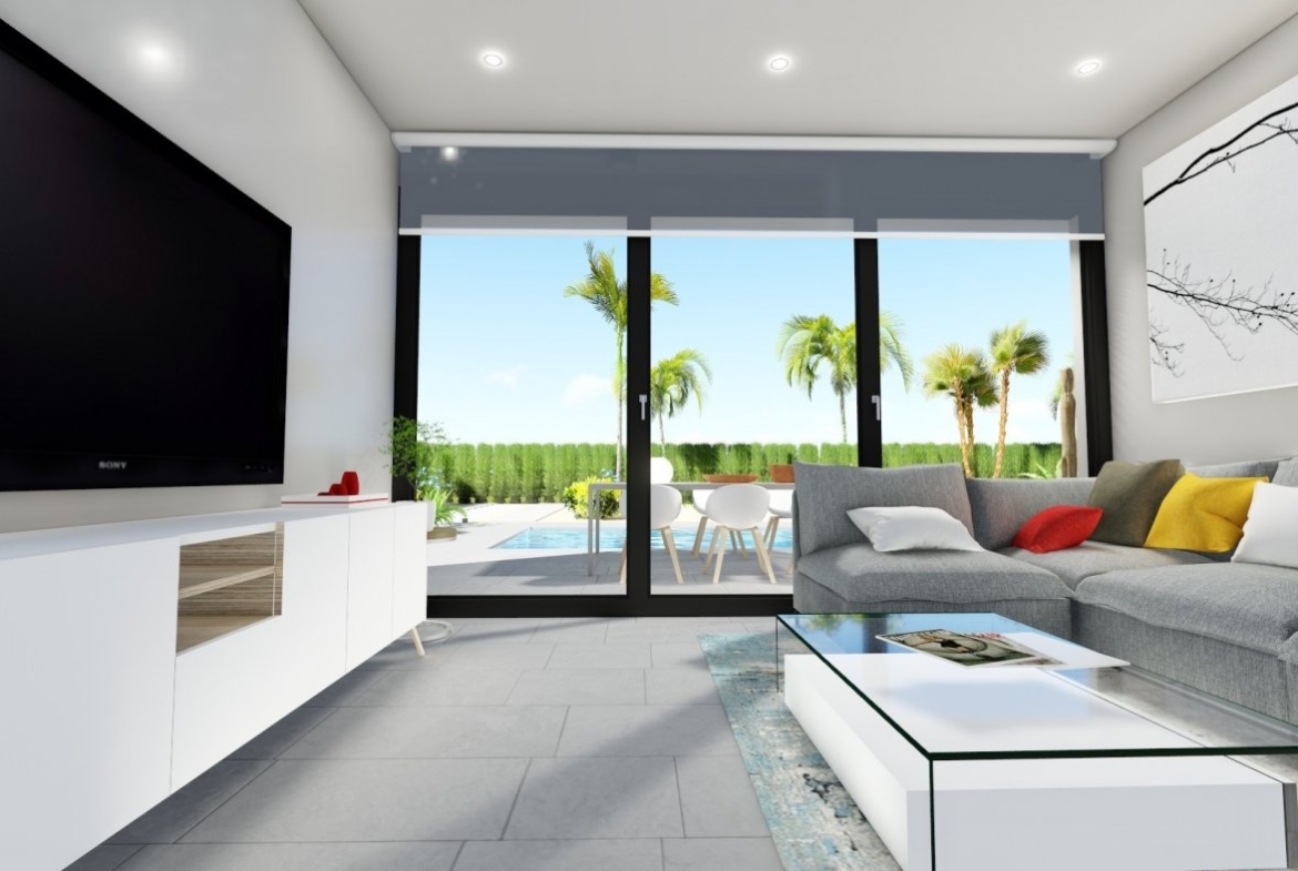 Bright modern living room with sleek furniture and glass doors opening to private pool at charming 2-bedroom villa in Calasparra, Murcia