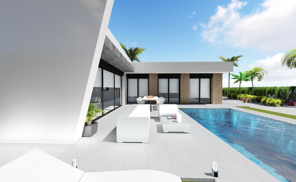 Sleek modern 3-bedroom villa in Calasparra featuring a private pool, spacious sunlit terrace, and lush landscaped gardens.