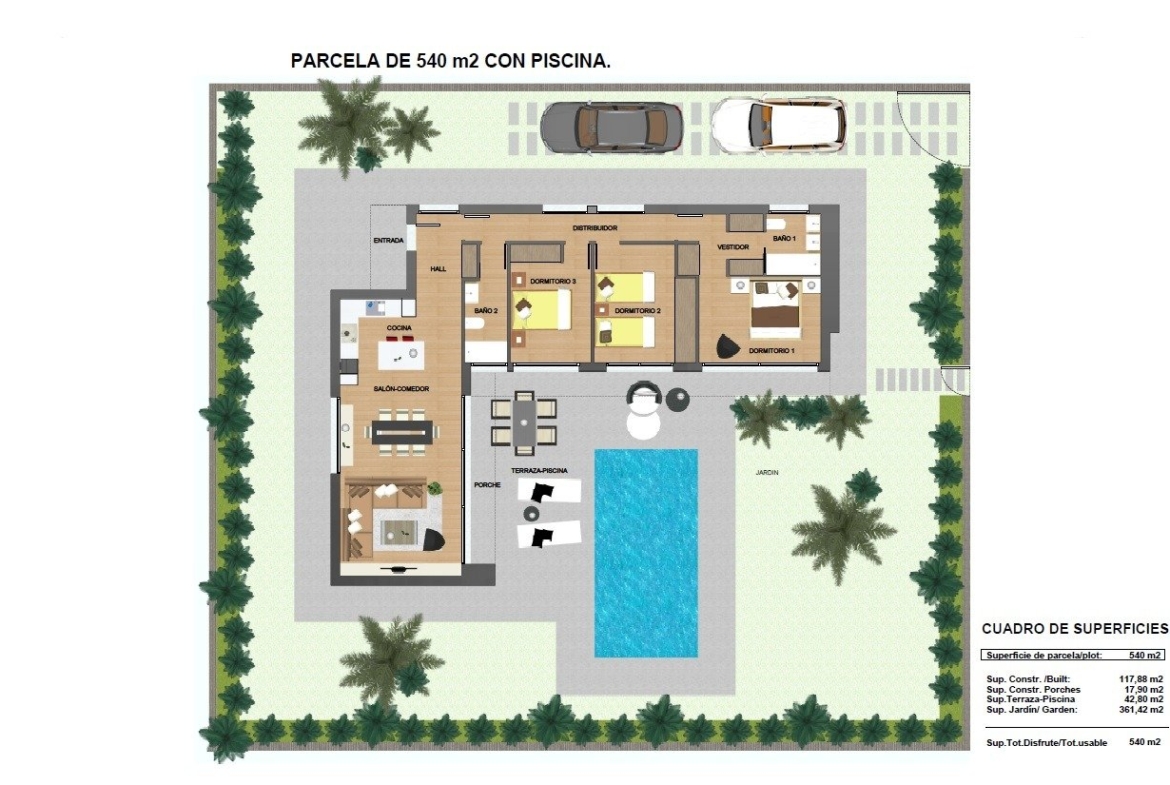 Elegant floor plan of spacious new build 3-bedroom villa with private pool and landscaped garden in Calasparra, Murcia.