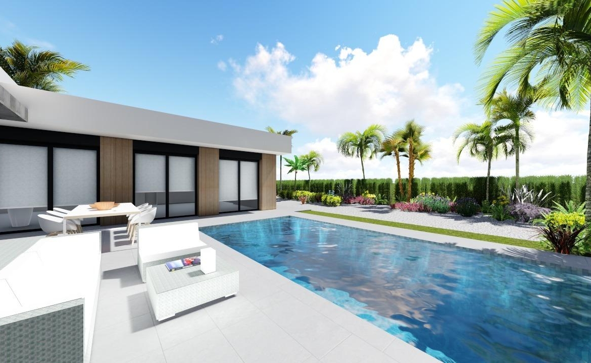 Spacious private pool and sun-drenched terrace of modern 3-bedroom villa with landscaped garden in Calasparra, Murcia.