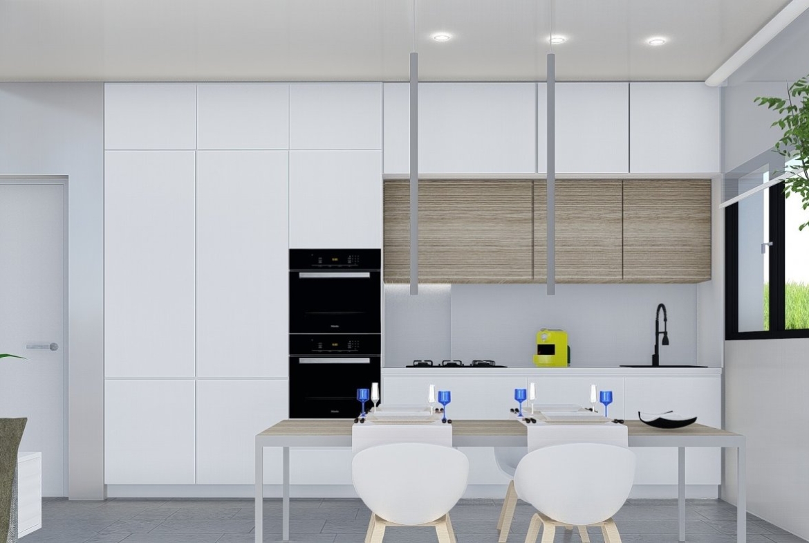 Modern bright kitchen with sleek cabinetry and dining area in charming 2-bedroom villa in Calasparra, Murcia.