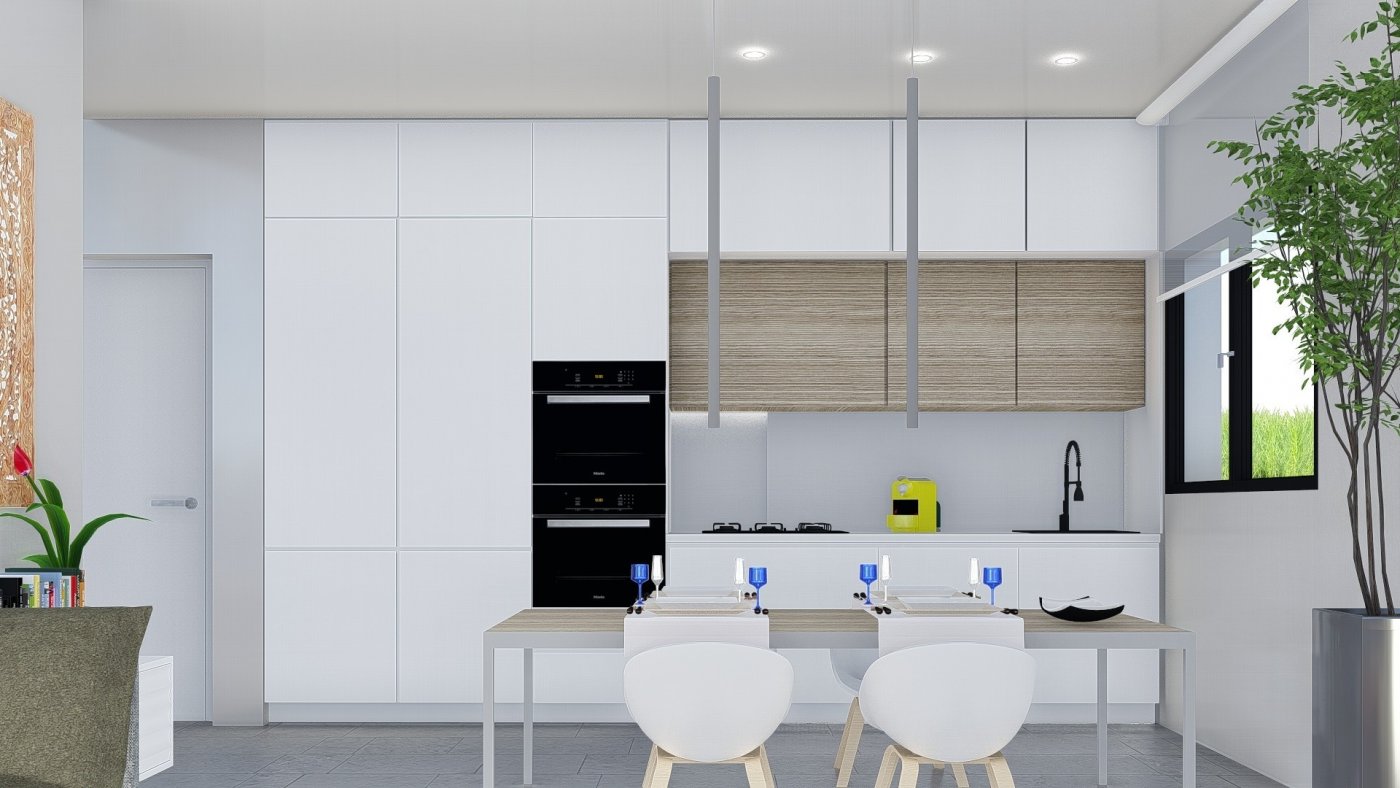 Modern bright kitchen with sleek cabinetry and dining area in charming 2-bedroom villa in Calasparra, Murcia.