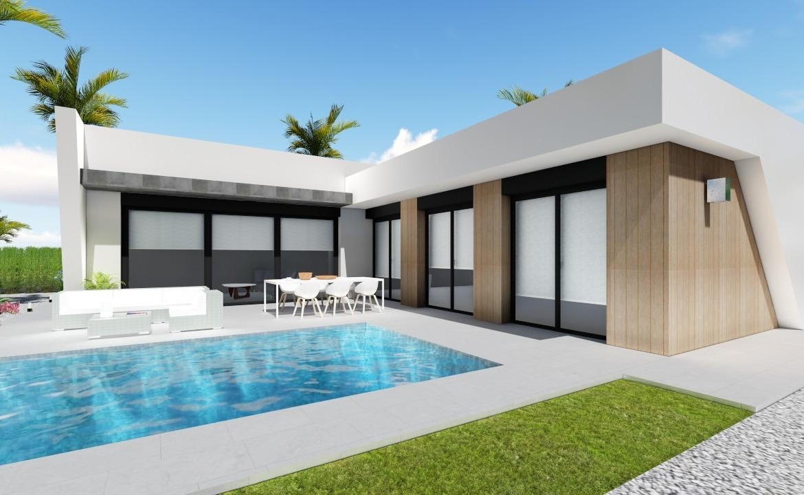 Modern 3-bedroom villa in Calasparra with sleek architecture, sun-drenched terrace, private pool, and spacious outdoor area.