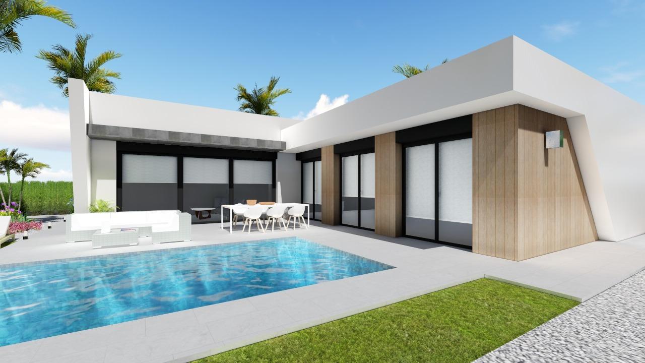 Modern 3-bedroom villa in Calasparra with sleek architecture, sun-drenched terrace, private pool, and spacious outdoor area.