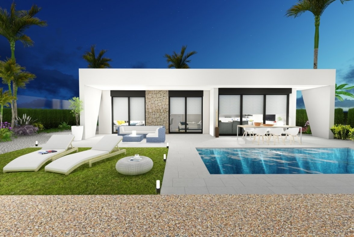 Elegant new build 2-bedroom villa in Calasparra with a private pool, sleek terrace, and landscaped garden under twilight sky.