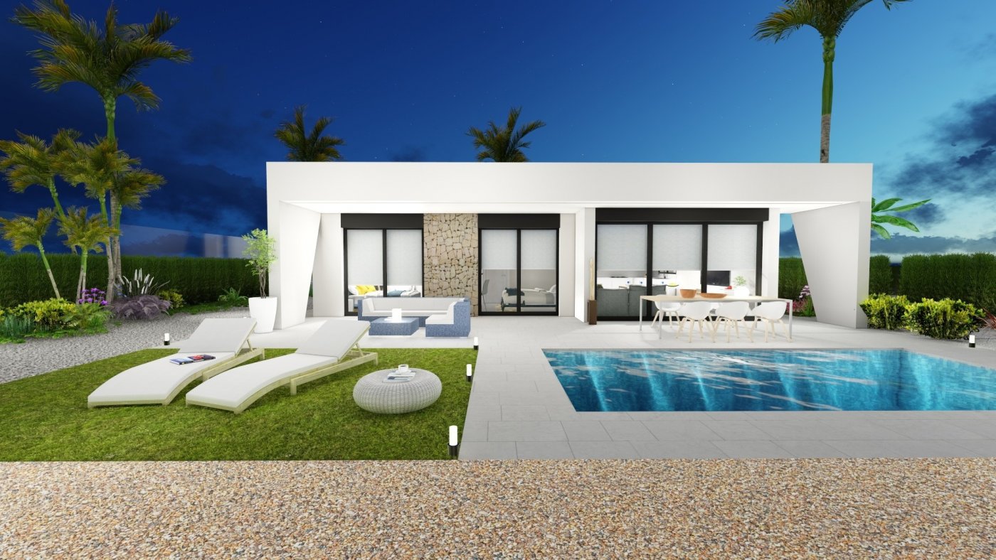 Elegant new build 2-bedroom villa in Calasparra with a private pool, sleek terrace, and landscaped garden under twilight sky.