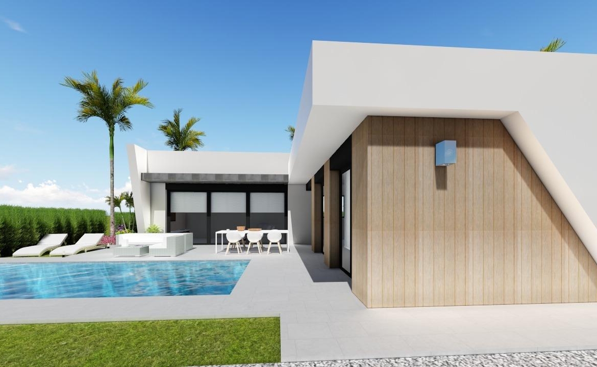 Sleek modern 3-bedroom villa in Calasparra with private pool, spacious terrace, and sunlit outdoor relaxing area on large plot.
