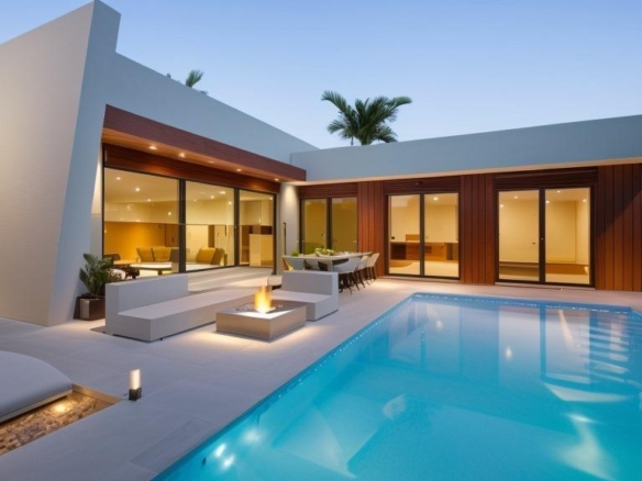 Modern 3-bedroom villa in Calasparra with sleek private pool, elegant terrace, and spacious open-plan living at dusk