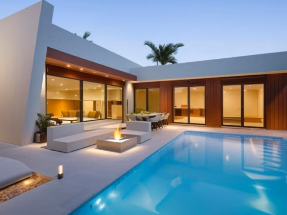 Moderne Villa mit 3 Schlafzimmern in Calasparra, elegantem Privatpool, stilvoller Terrasse und großzügigem offenem Wohnbereich bei Dämmerung