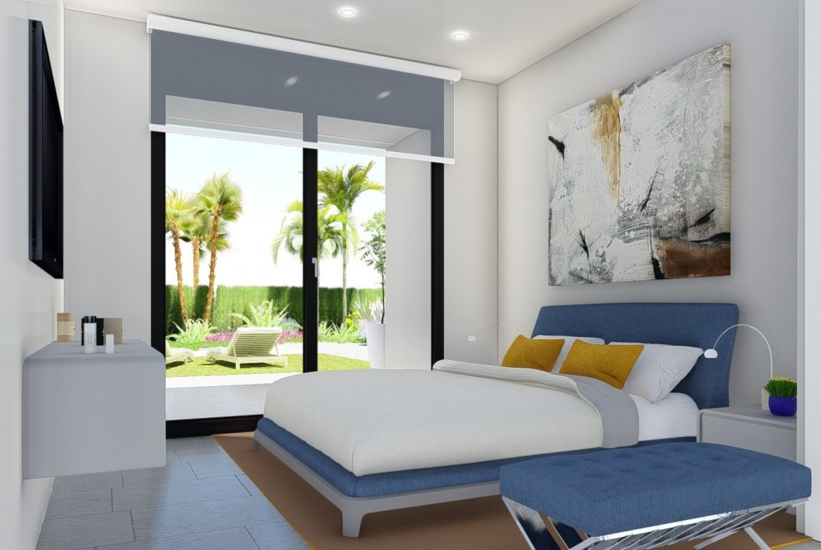 Bright modern bedroom with garden view in a charming 2-bedroom villa in Calasparra, Murcia with private outdoor space