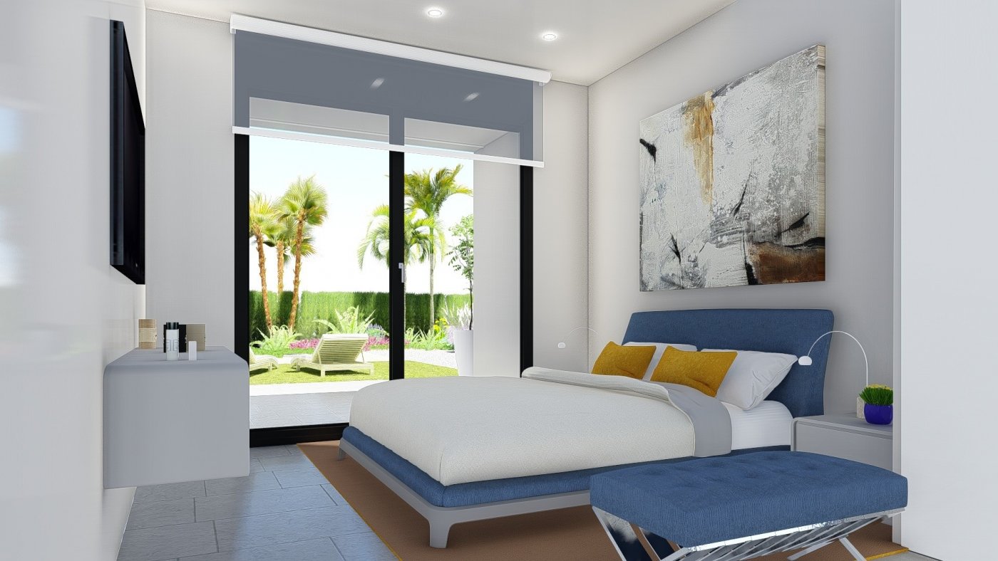 Bright modern bedroom with garden view in a charming 2-bedroom villa in Calasparra, Murcia with private outdoor space