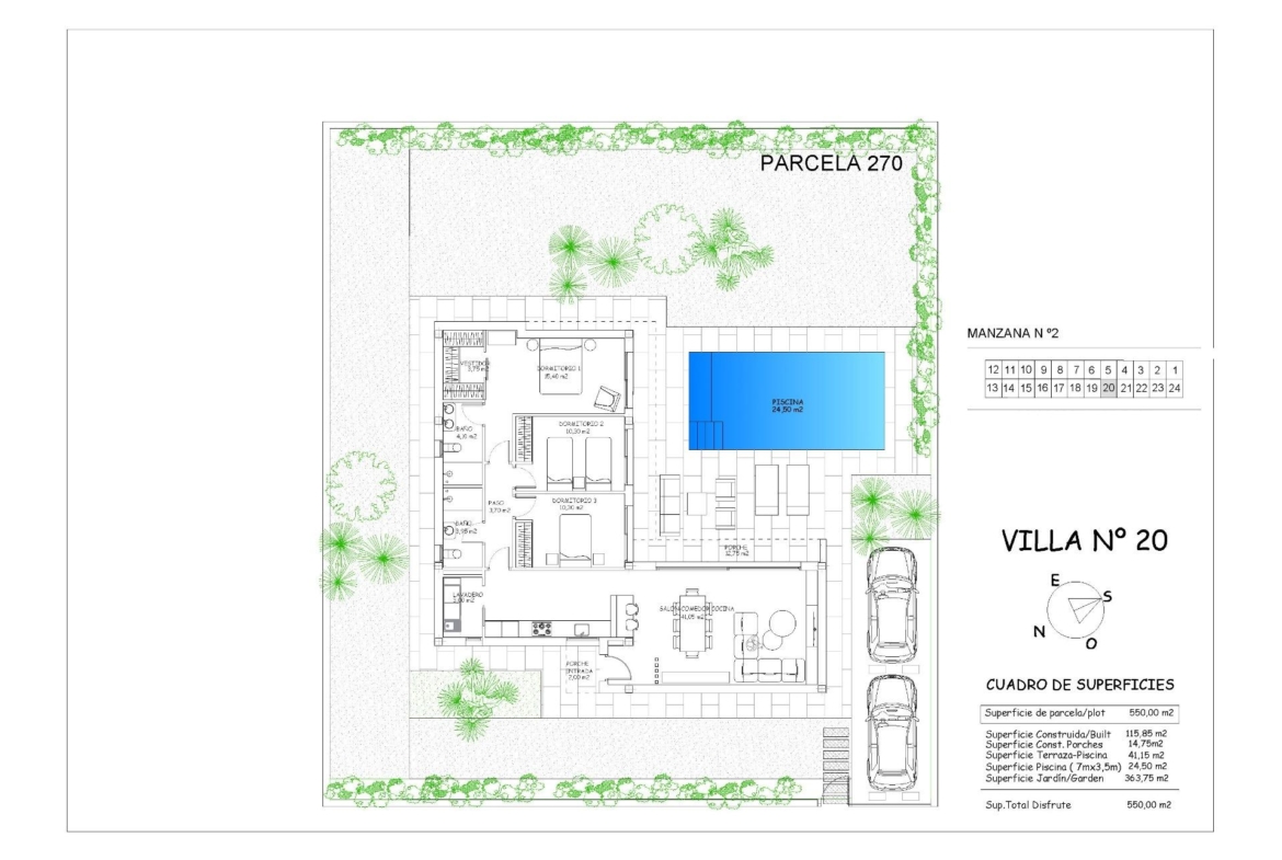 Architectural floor plan of a modern 3-bedroom villa in Calasparra with spacious living areas, private pool, and large landscaped plot.