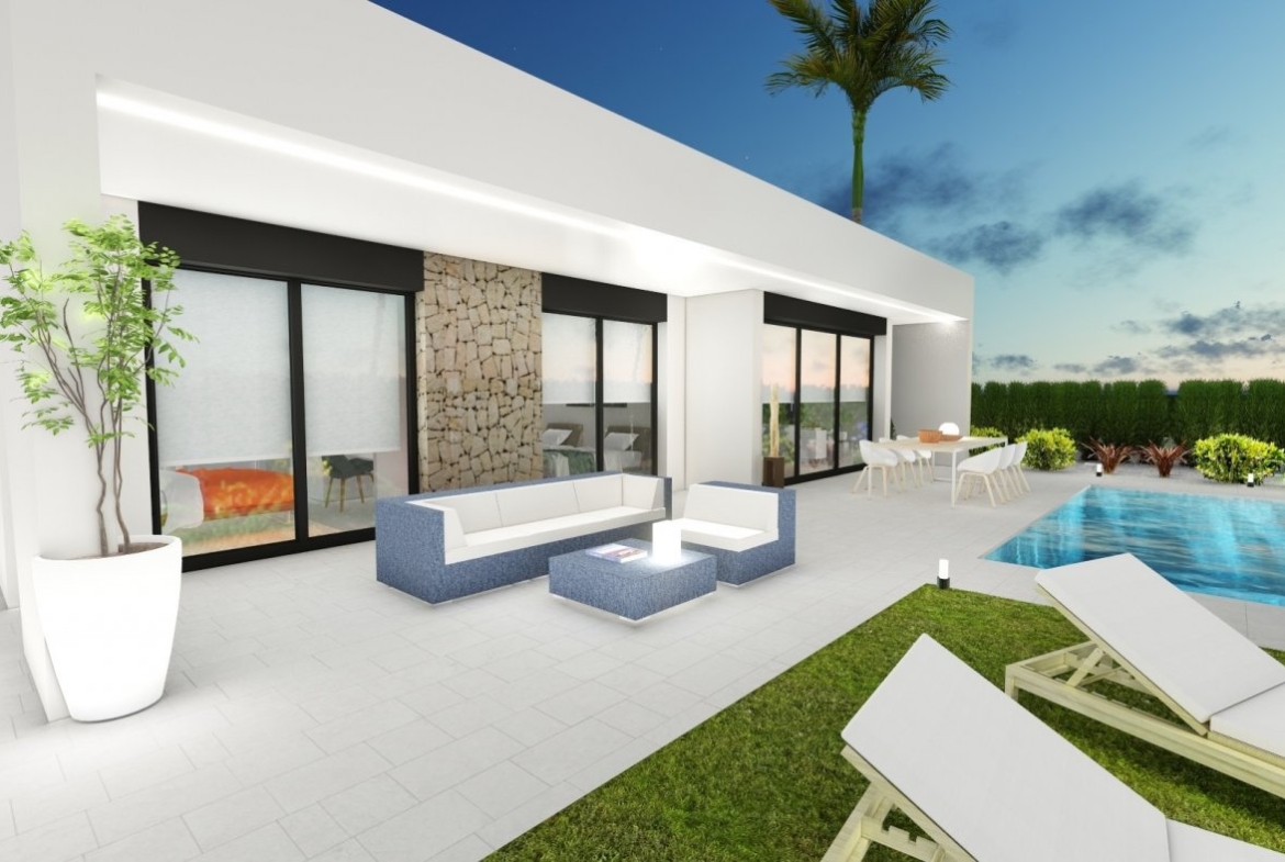 Modern 2-bedroom villa in Calasparra with private pool, sleek outdoor terrace, and landscaped garden under a twilight sky.