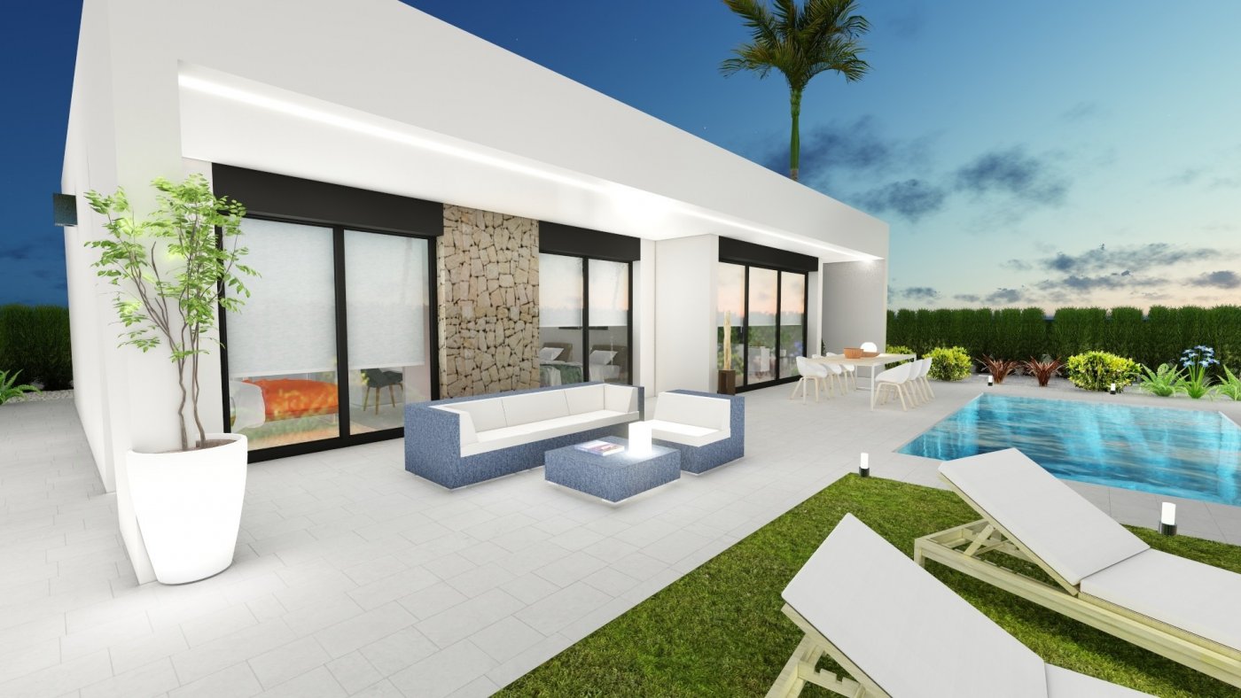 Modern 2-bedroom villa in Calasparra with private pool, sleek outdoor terrace, and landscaped garden under a twilight sky.