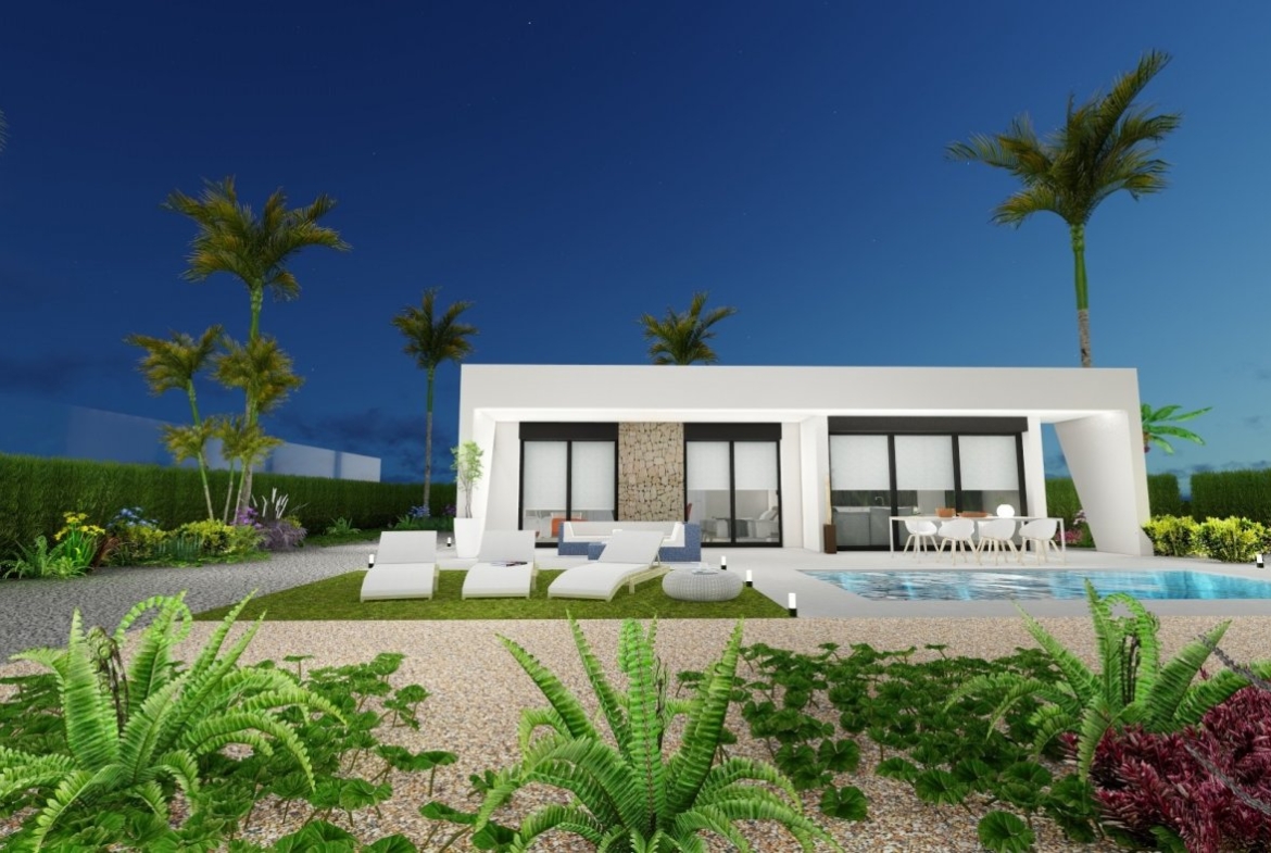 Modern 2-bedroom villa in Calasparra, Murcia with sleek sun-drenched exterior, private pool, and lush landscaped garden.
