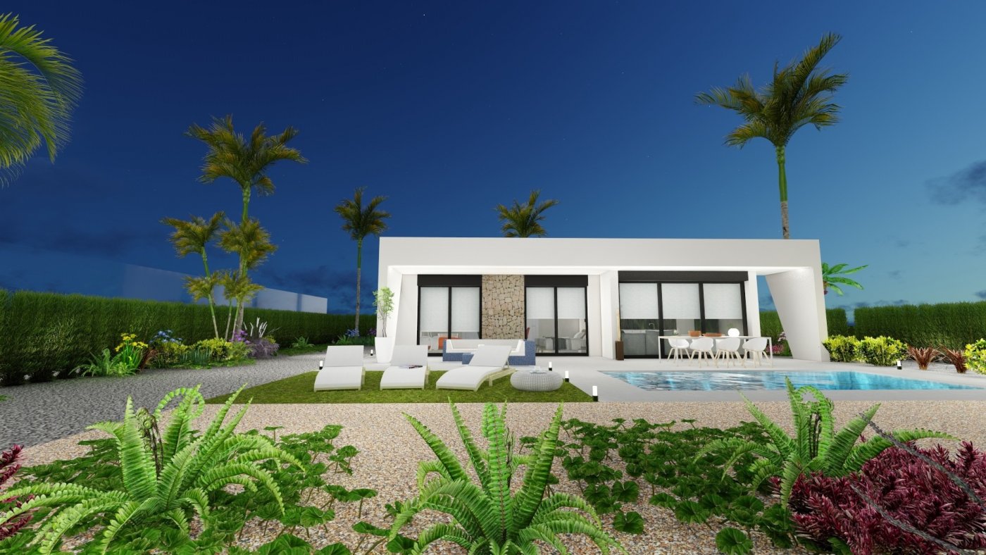 Modern 2-bedroom villa in Calasparra, Murcia with sleek sun-drenched exterior, private pool, and lush landscaped garden.