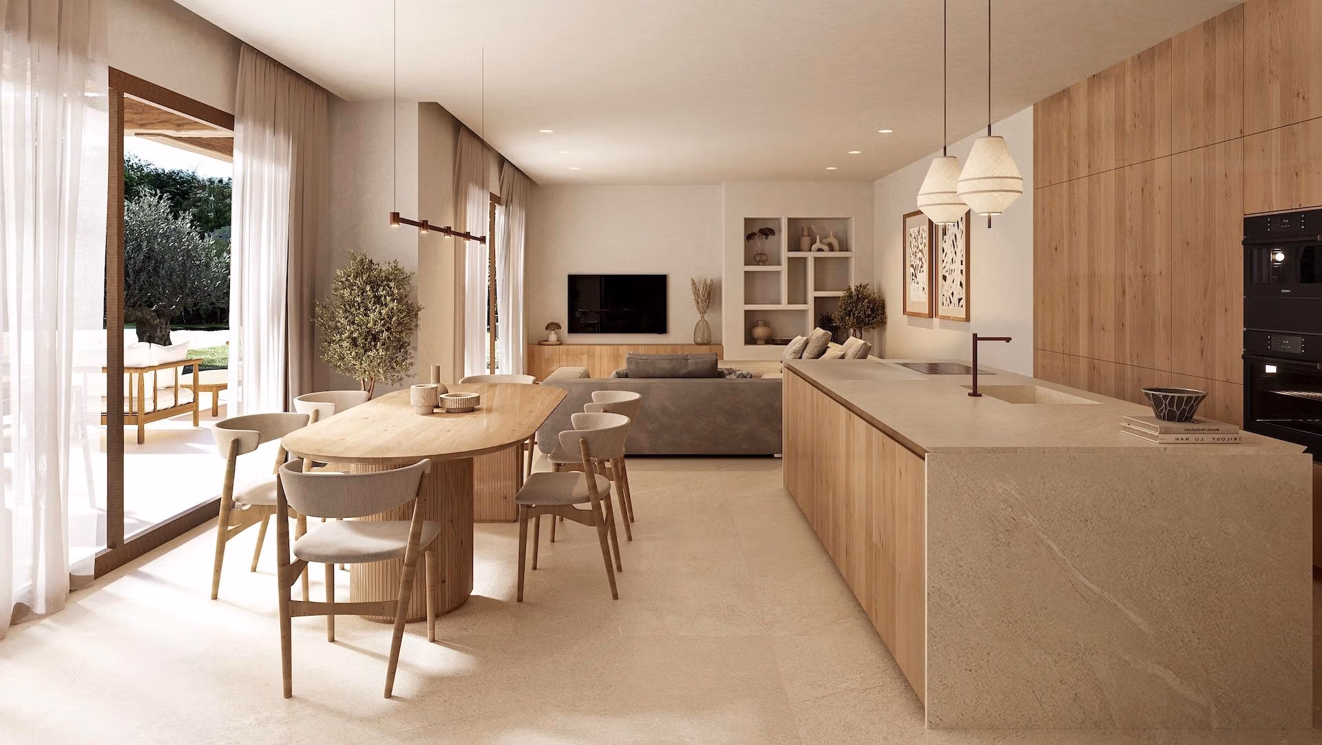 Bright open-plan kitchen and dining area with natural wood accents in a charming Ibizan-style villa in La Fustera, Benissa.