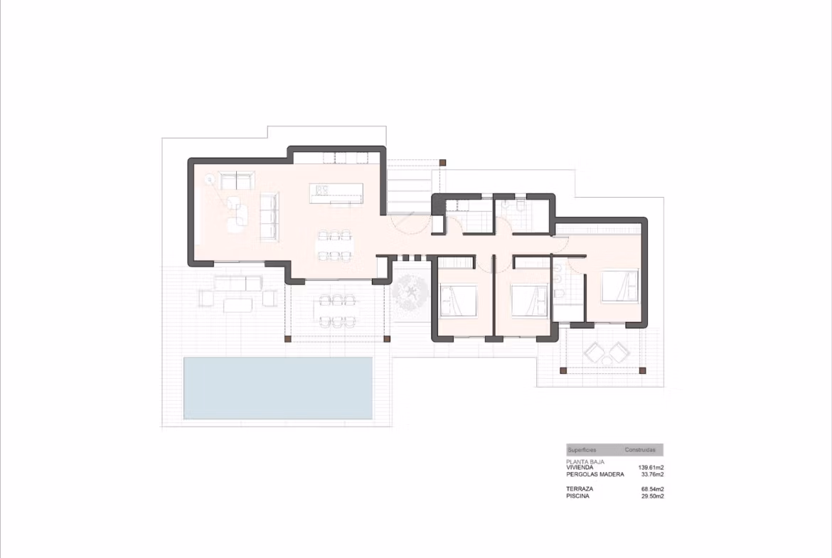 Spacious floor plan of charming Ibizan-style single-storey villa in La Fustera, Benissa featuring open living, three bedrooms, and private pool terrace.